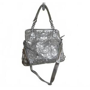 Silver Geometric Patterned Handbag with Multiple Straps
